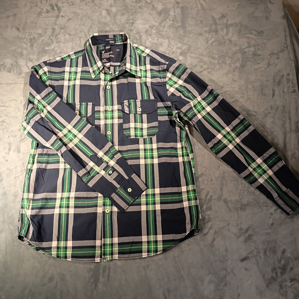 American Eagle Outfitters Mens Athletic Fit Plaid Button Down Shirt Green Navy L